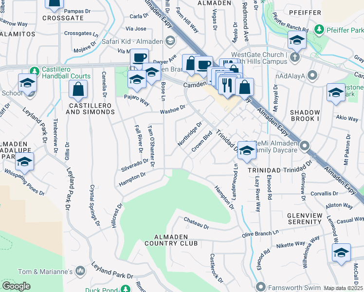 map of restaurants, bars, coffee shops, grocery stores, and more near 6592 Northridge Drive in San Jose