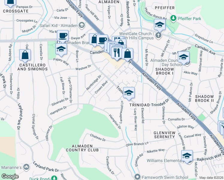 map of restaurants, bars, coffee shops, grocery stores, and more near 1150 Old Oak Drive in San Jose