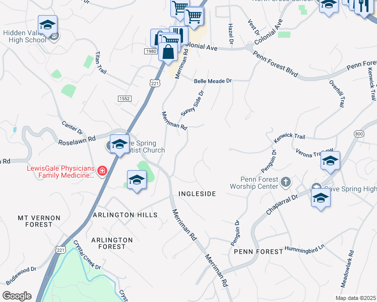 map of restaurants, bars, coffee shops, grocery stores, and more near 5246 Merriman Road in Roanoke