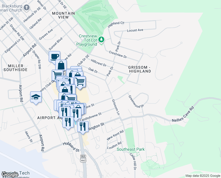 map of restaurants, bars, coffee shops, grocery stores, and more near 1408-1410 Grissom Ln in Blacksburg