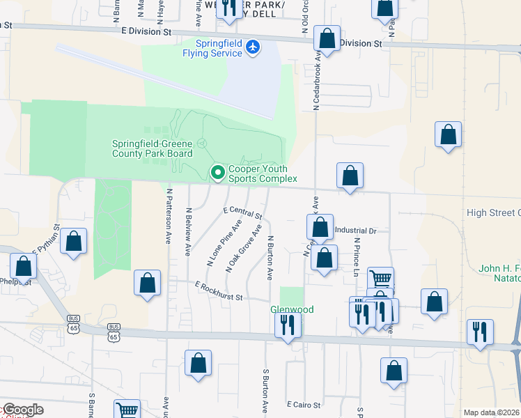 map of restaurants, bars, coffee shops, grocery stores, and more near 904 North Lone Pine Avenue in Springfield