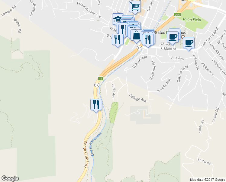 map of restaurants, bars, coffee shops, grocery stores, and more near 132 Euclid Avenue in Los Gatos