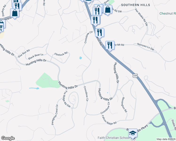 map of restaurants, bars, coffee shops, grocery stores, and more near 5135 Cross Bow Circle in Cave Spring