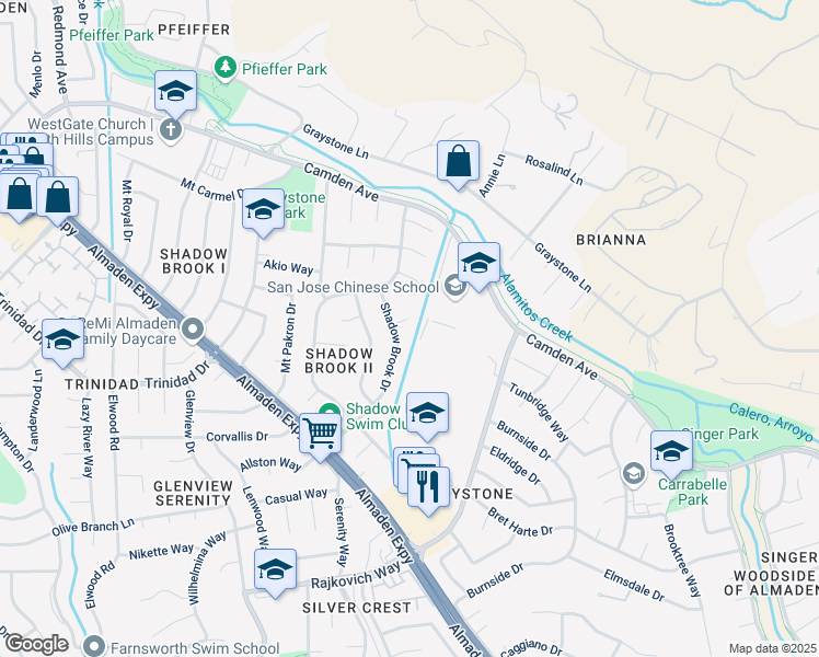 map of restaurants, bars, coffee shops, grocery stores, and more near 6726 Bitterroot Place in San Jose