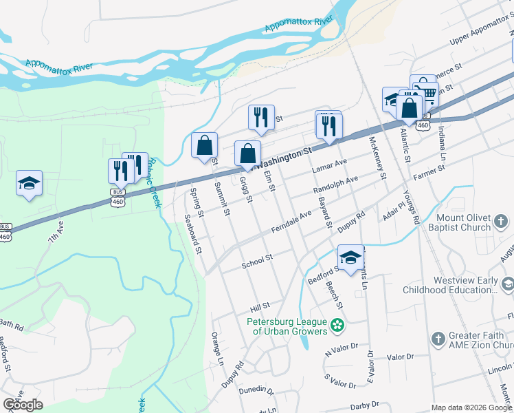 map of restaurants, bars, coffee shops, grocery stores, and more near 115 Grigg Street in Petersburg