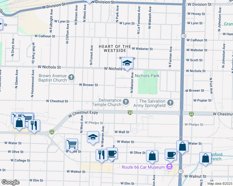 map of restaurants, bars, coffee shops, grocery stores, and more near 710 North Park Avenue in Springfield