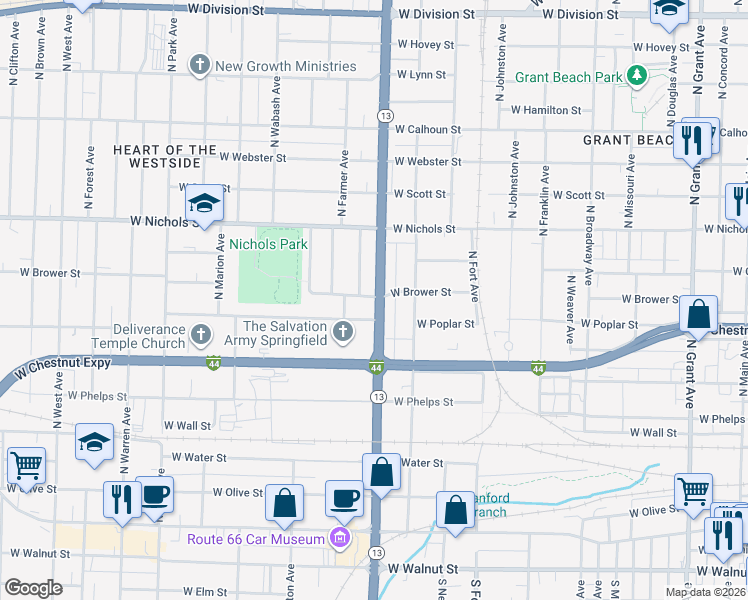 map of restaurants, bars, coffee shops, grocery stores, and more near 745 Missouri 13 in Springfield