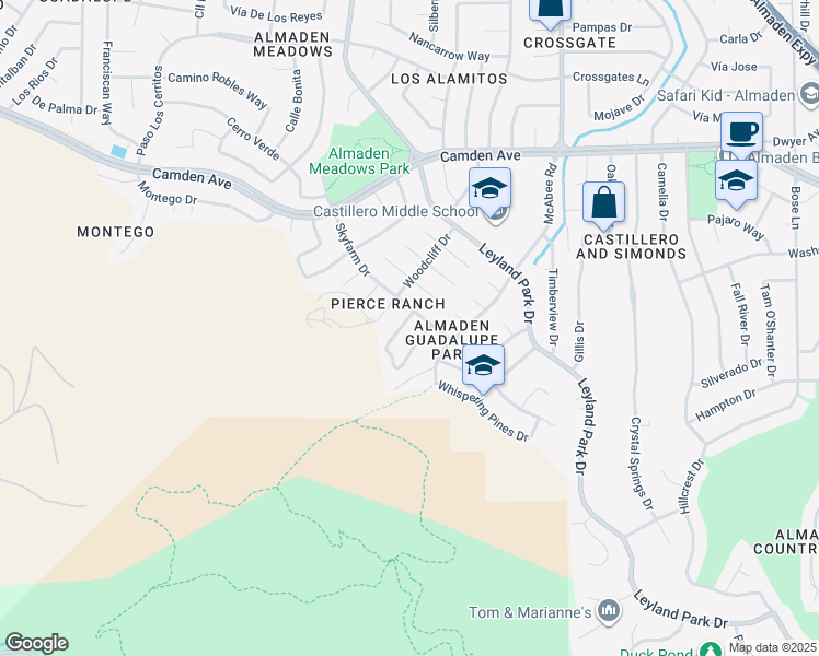 map of restaurants, bars, coffee shops, grocery stores, and more near 6574 Broadacres Drive in San Jose