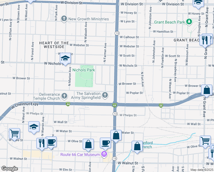 map of restaurants, bars, coffee shops, grocery stores, and more near 720 North Farmer Avenue in Springfield