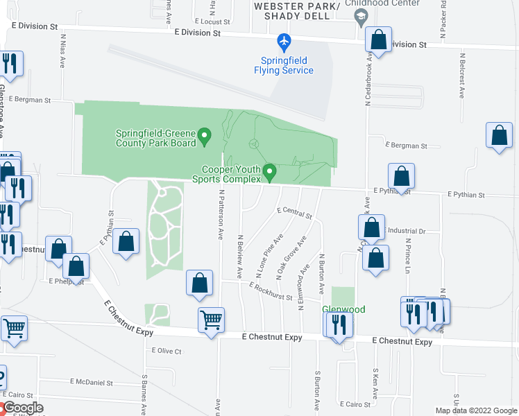 map of restaurants, bars, coffee shops, grocery stores, and more near 908 North Norwood Drive in Springfield