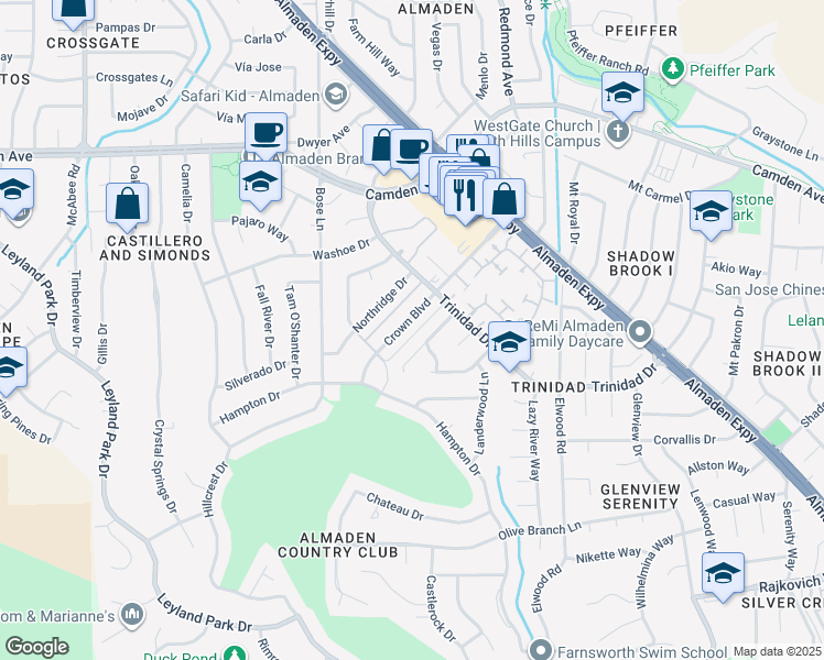 map of restaurants, bars, coffee shops, grocery stores, and more near 6568 Crown Boulevard in San Jose