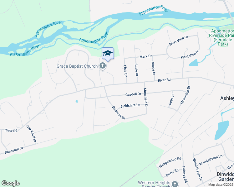 map of restaurants, bars, coffee shops, grocery stores, and more near 23920 Gaydell Drive in Petersburg