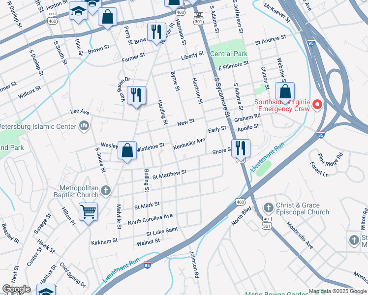 map of restaurants, bars, coffee shops, grocery stores, and more near 204 Kentucky Avenue in Petersburg