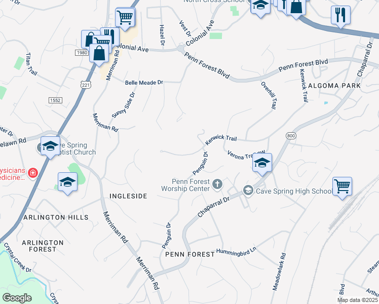 map of restaurants, bars, coffee shops, grocery stores, and more near 3733 Kenwick Trail in Roanoke