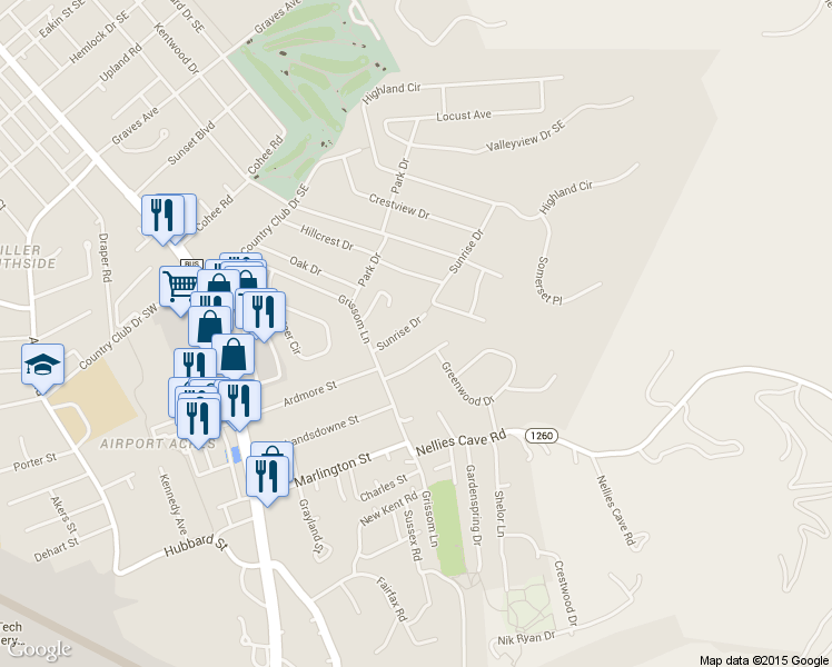 map of restaurants, bars, coffee shops, grocery stores, and more near 510 Sunrise Dr in Blacksburg