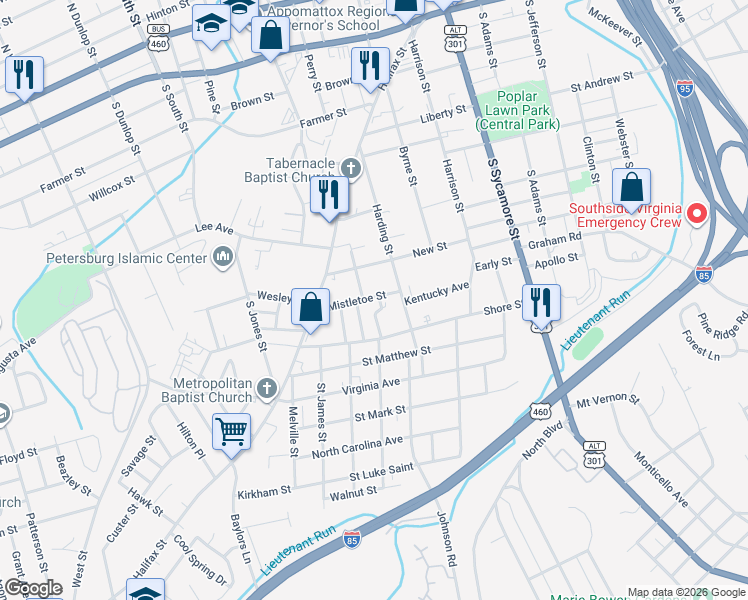 map of restaurants, bars, coffee shops, grocery stores, and more near 330 Mistletoe Street in Petersburg