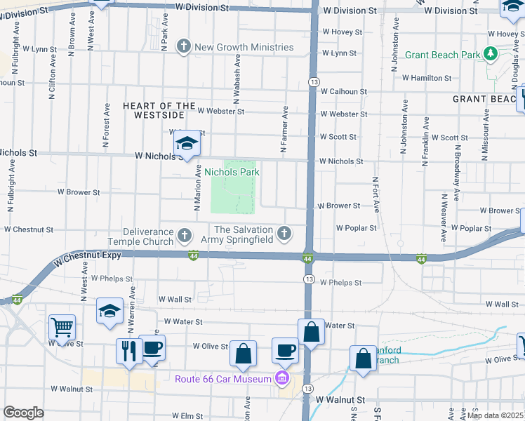 map of restaurants, bars, coffee shops, grocery stores, and more near 1738 West Brower Street in Springfield
