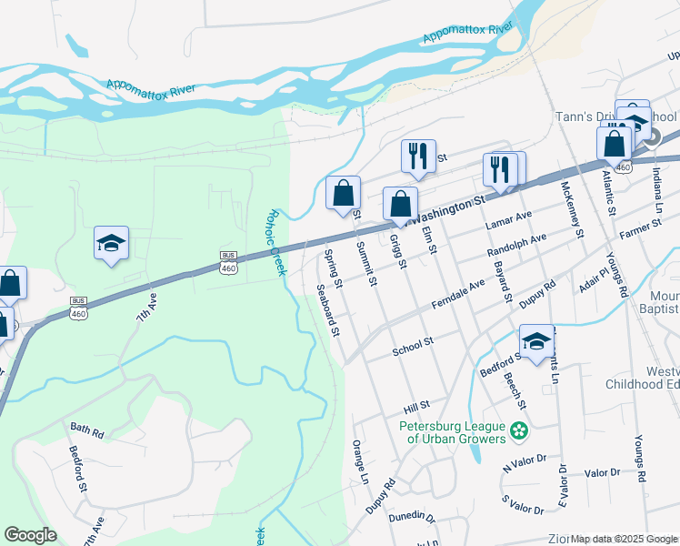 map of restaurants, bars, coffee shops, grocery stores, and more near 29 Spring Street in Petersburg