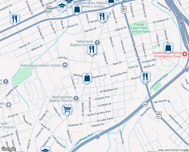 map of restaurants, bars, coffee shops, grocery stores, and more near 425 Mistletoe Street in Petersburg