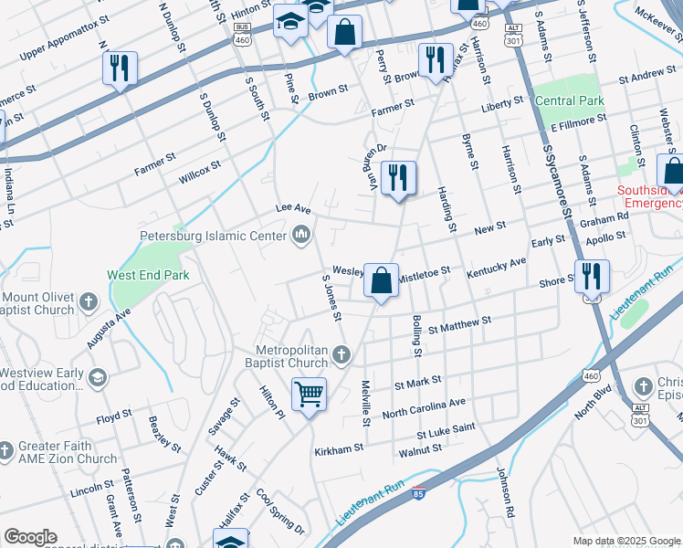 map of restaurants, bars, coffee shops, grocery stores, and more near 716 Wesley Street in Petersburg