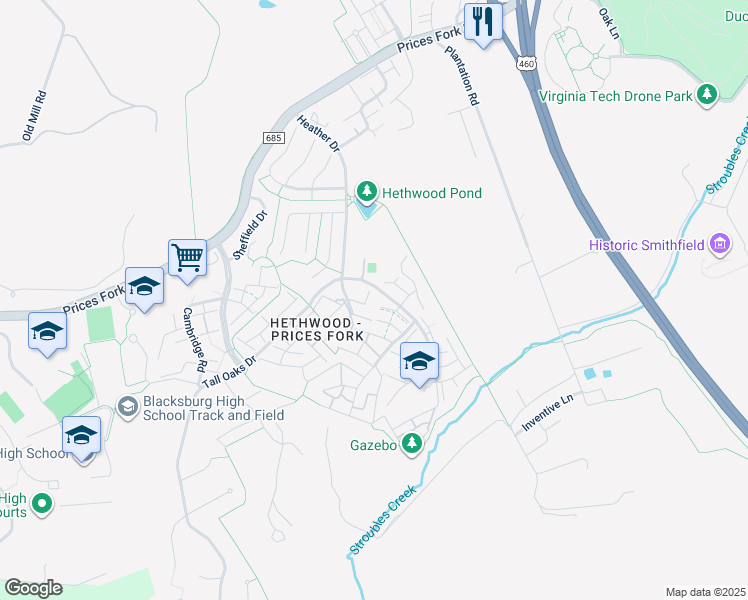 map of restaurants, bars, coffee shops, grocery stores, and more near 6100 Heather Drive in Blacksburg