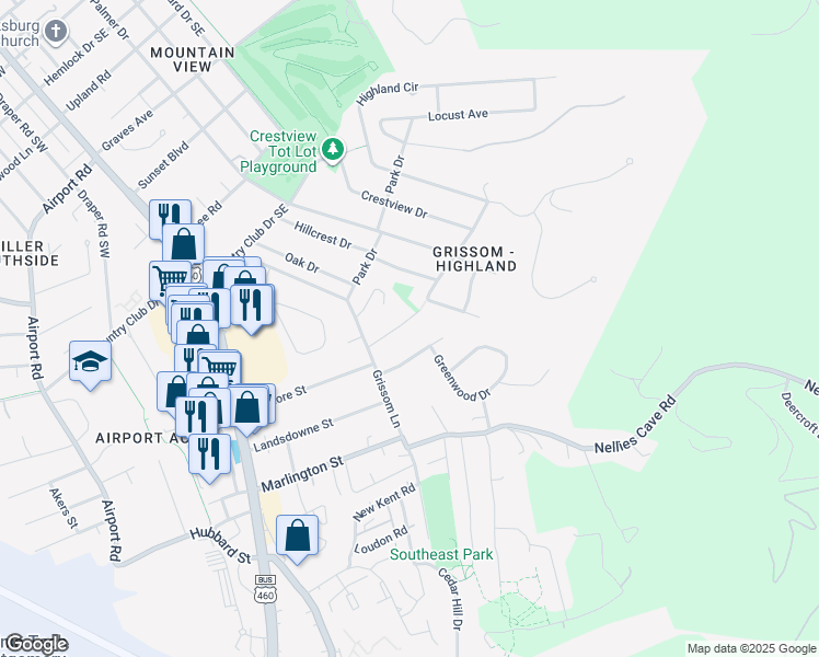 map of restaurants, bars, coffee shops, grocery stores, and more near 510 Sunrise Dr in Blacksburg