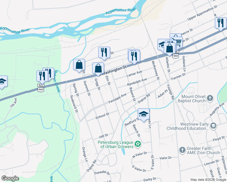 map of restaurants, bars, coffee shops, grocery stores, and more near 127 Elm Street in Petersburg