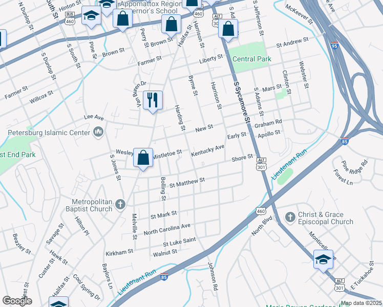 map of restaurants, bars, coffee shops, grocery stores, and more near 711 Harding Street in Petersburg