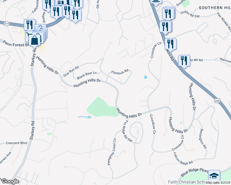 map of restaurants, bars, coffee shops, grocery stores, and more near 5250 Hunting Hills Drive in Cave Spring