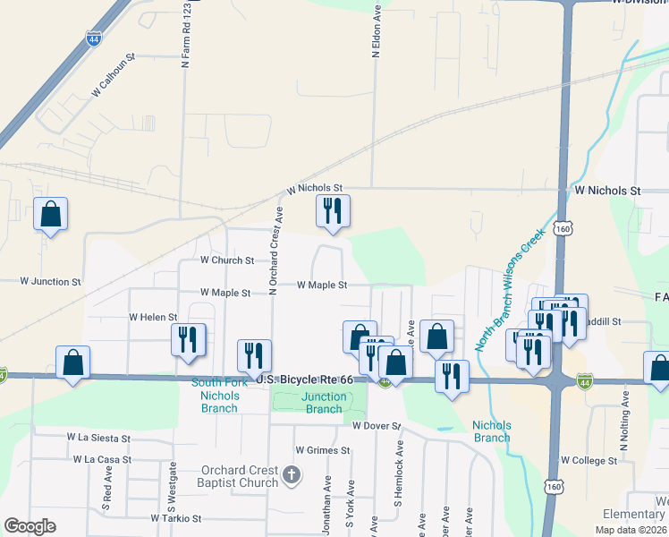 map of restaurants, bars, coffee shops, grocery stores, and more near 706 North Elder Avenue in Springfield