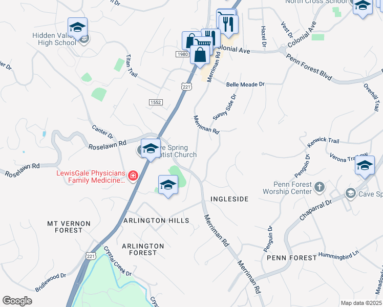 map of restaurants, bars, coffee shops, grocery stores, and more near 5210 Springlawn Avenue in Cave Spring