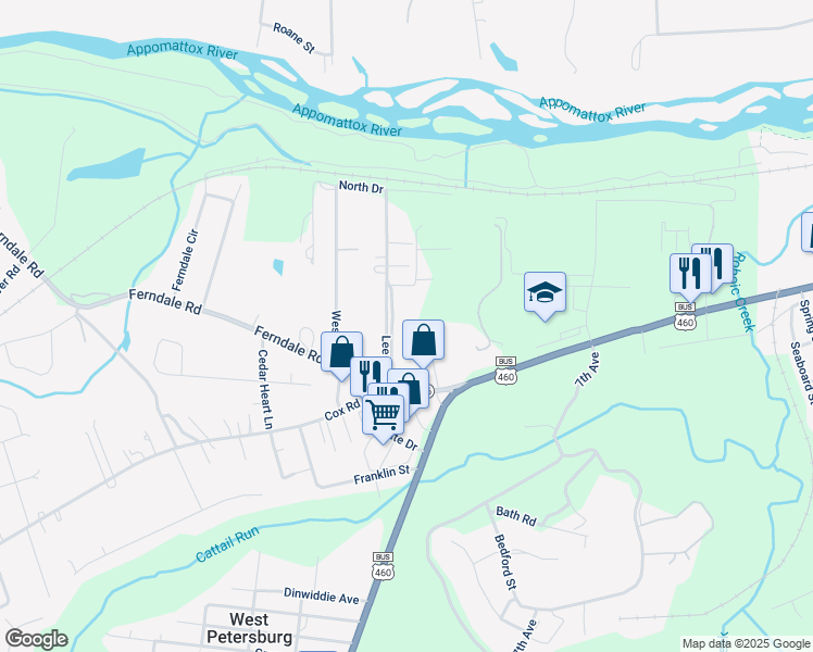 map of restaurants, bars, coffee shops, grocery stores, and more near 4019 Lee Blvd in Petersburg