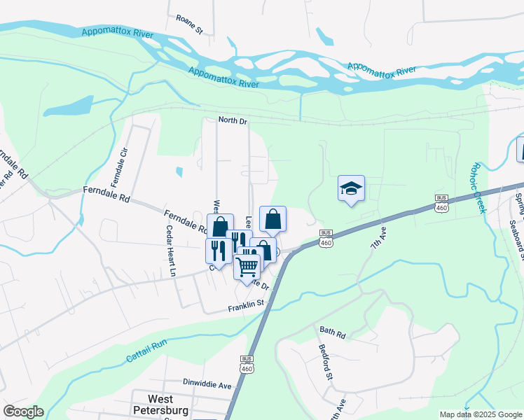 map of restaurants, bars, coffee shops, grocery stores, and more near 4019 Lee Boulevard in Petersburg