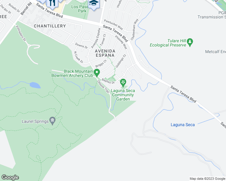 map of restaurants, bars, coffee shops, grocery stores, and more near 7588 Manresa Court in San Jose