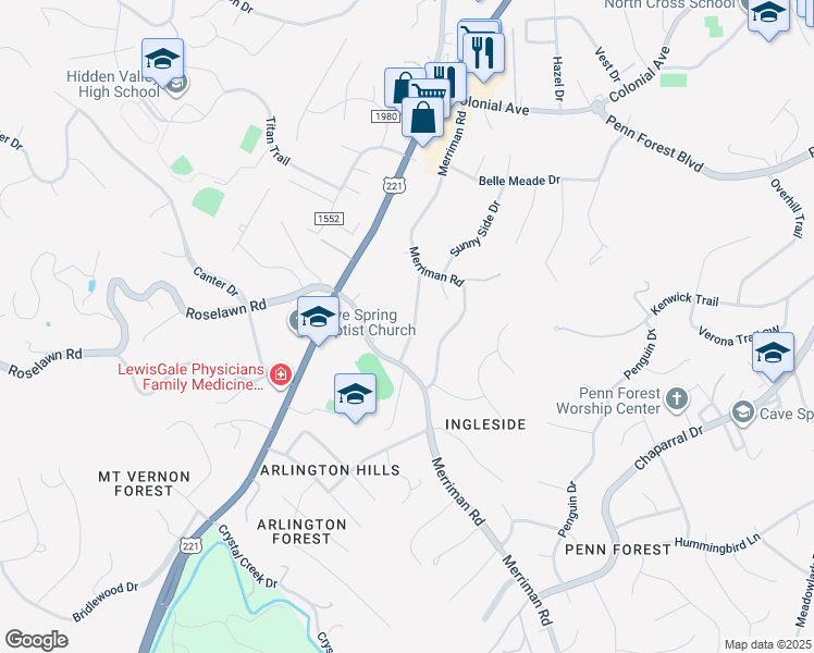 map of restaurants, bars, coffee shops, grocery stores, and more near 5210 Springlawn Avenue in Cave Spring