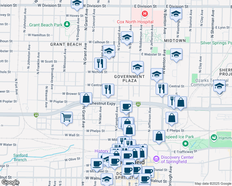 map of restaurants, bars, coffee shops, grocery stores, and more near 835 North Campbell Avenue in Springfield