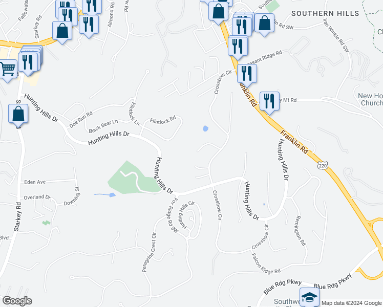 map of restaurants, bars, coffee shops, grocery stores, and more near 5133 Red Stag Road in Cave Spring