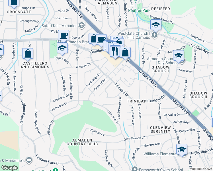 map of restaurants, bars, coffee shops, grocery stores, and more near 1153 Old Oak Drive in San Jose