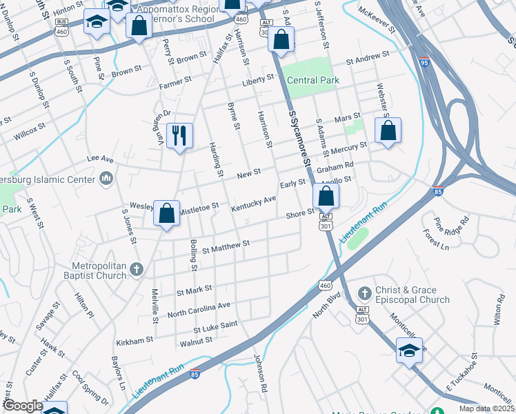 map of restaurants, bars, coffee shops, grocery stores, and more near 204 Kentucky Avenue in Petersburg