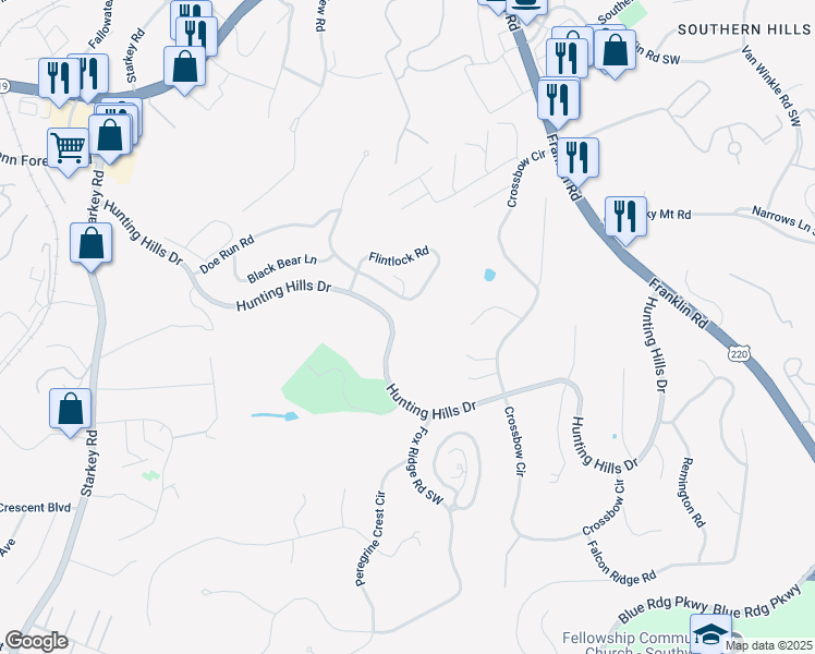 map of restaurants, bars, coffee shops, grocery stores, and more near 5271 Hunting Hills Drive in Cave Spring