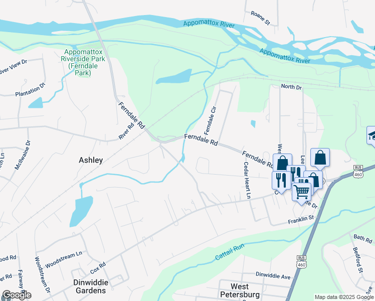 map of restaurants, bars, coffee shops, grocery stores, and more near 25315 Ferndale Road in Petersburg