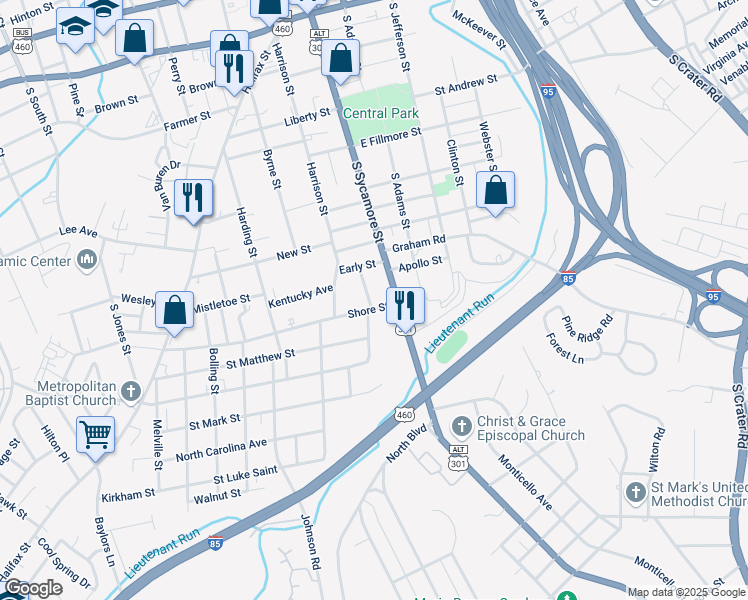 map of restaurants, bars, coffee shops, grocery stores, and more near 23 Shore Street in Petersburg