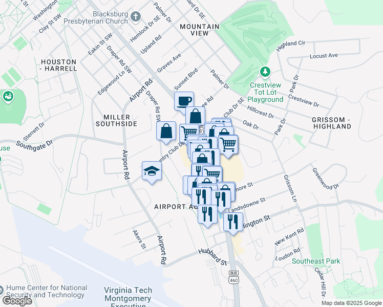 map of restaurants, bars, coffee shops, grocery stores, and more near 1322 South Main Street in Blacksburg