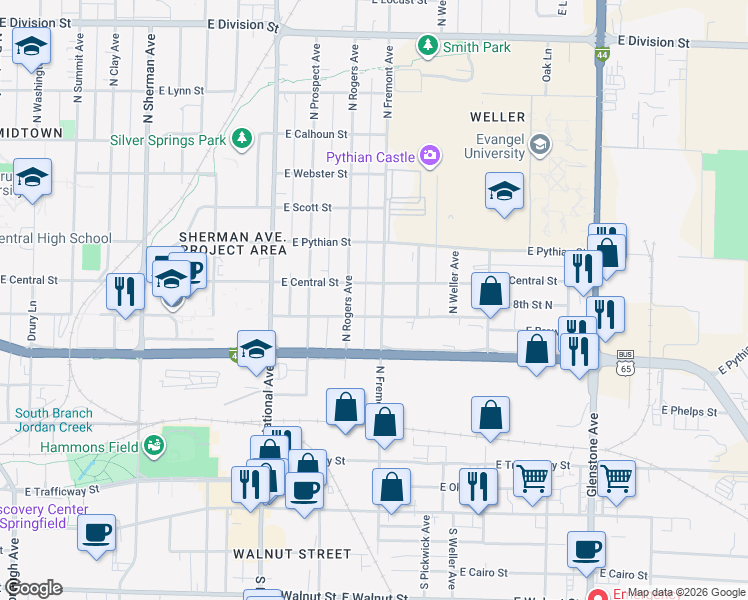 map of restaurants, bars, coffee shops, grocery stores, and more near 817 North Fremont Avenue in Springfield