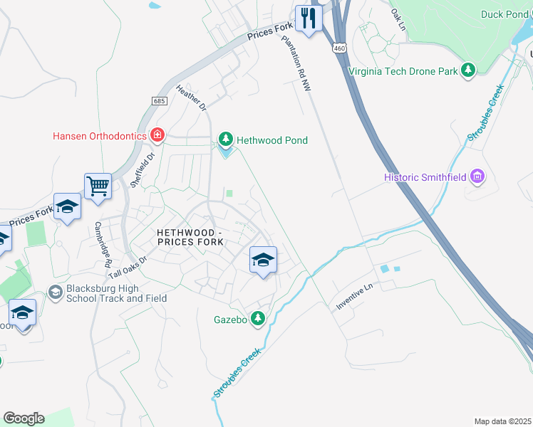 map of restaurants, bars, coffee shops, grocery stores, and more near 13200 Copper Croft Run Northwest in Blacksburg