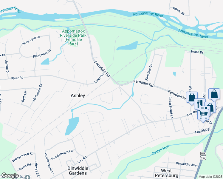 map of restaurants, bars, coffee shops, grocery stores, and more near 25108 Pinecroft Road in Petersburg