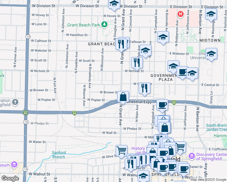 map of restaurants, bars, coffee shops, grocery stores, and more near 727 West Brower Street in Springfield