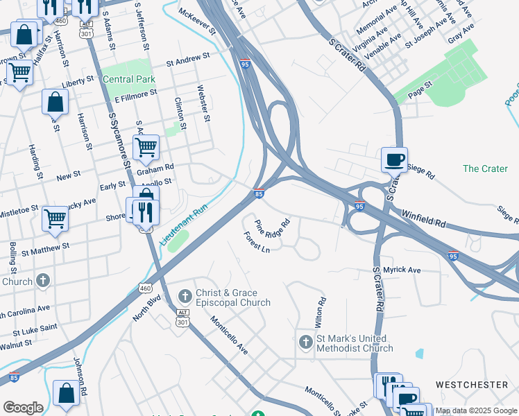map of restaurants, bars, coffee shops, grocery stores, and more near 442 Graham Road in Petersburg