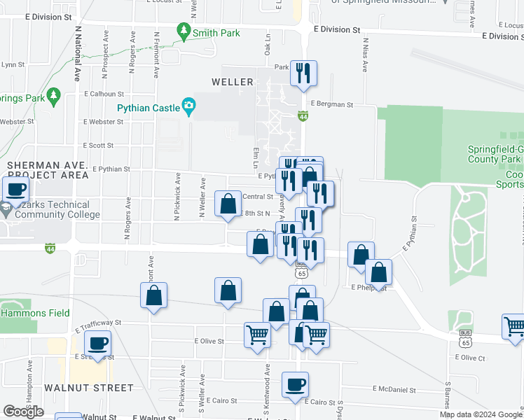 map of restaurants, bars, coffee shops, grocery stores, and more near 1661 East 8th Street North in Springfield