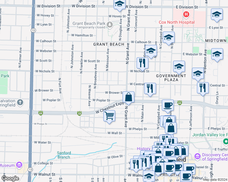 map of restaurants, bars, coffee shops, grocery stores, and more near 811 West Brower Street in Springfield